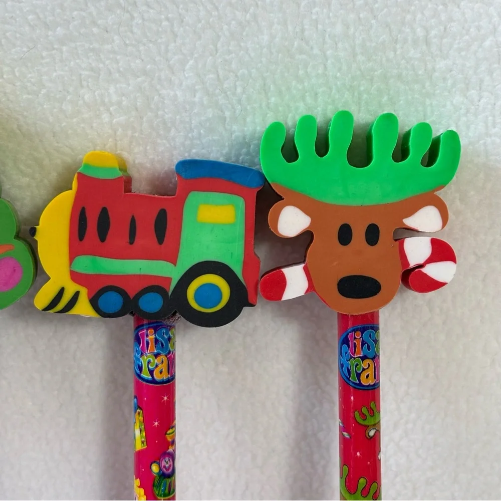 Rare Vintage New Lot of 13 Lisa Frank Holiday Pencils with fun eraser toppers